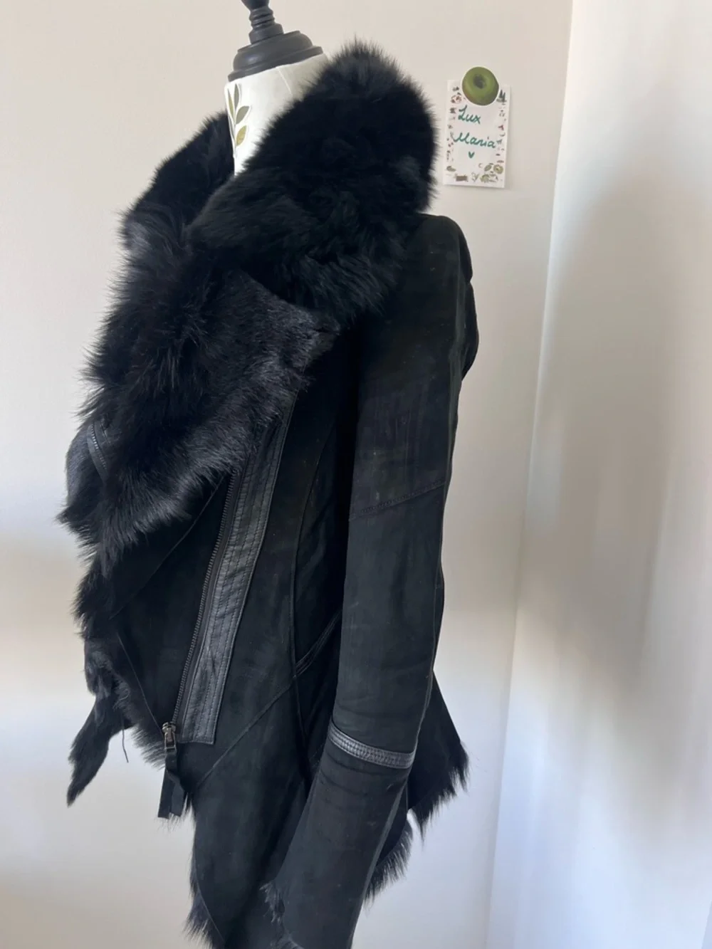 Black Real Suede Lamb Leather w Fox Fur Collar Moto Jacket XS - Picture 7 of 15